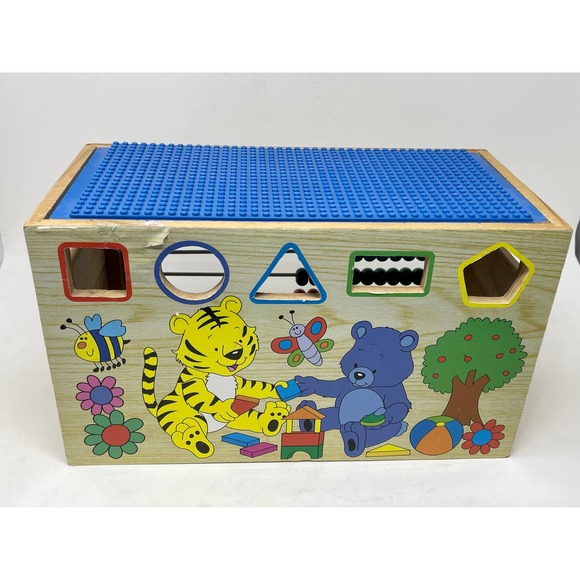 Toy Chest Wooden Alphabet Lego Top + 57 Misc. Pieces 14x7x8  .01:S1418 - Picture 3 of 12